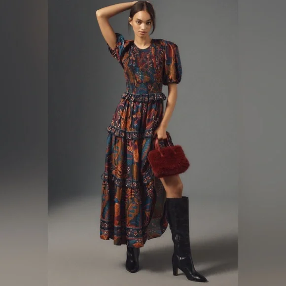 Farm Rio Short-Sleeve Crew-Neck Tiered A-Line Maxi Dress floral leaf pattern S - Picture 5 of 16